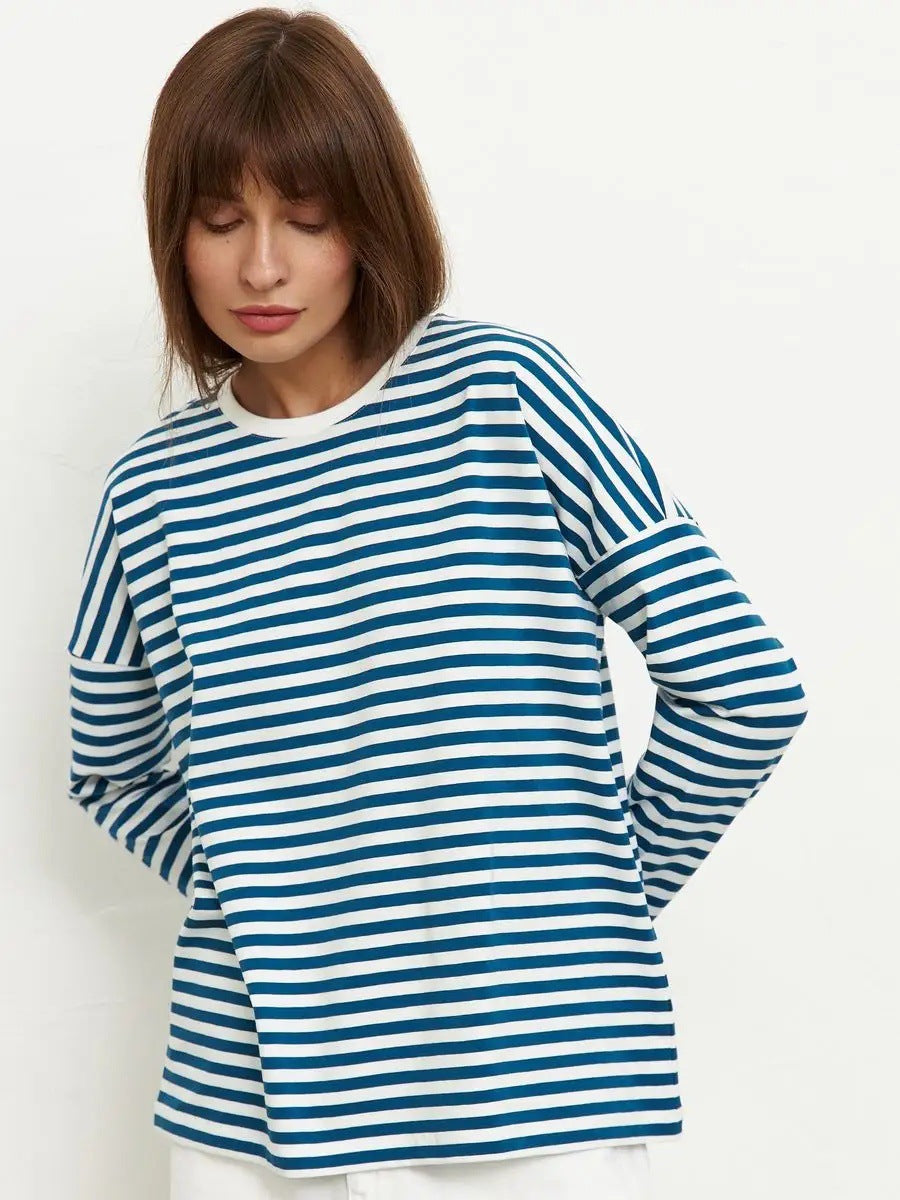 Damen bequemes Streifen-T-Shirt mit langen Ärmeln Drune