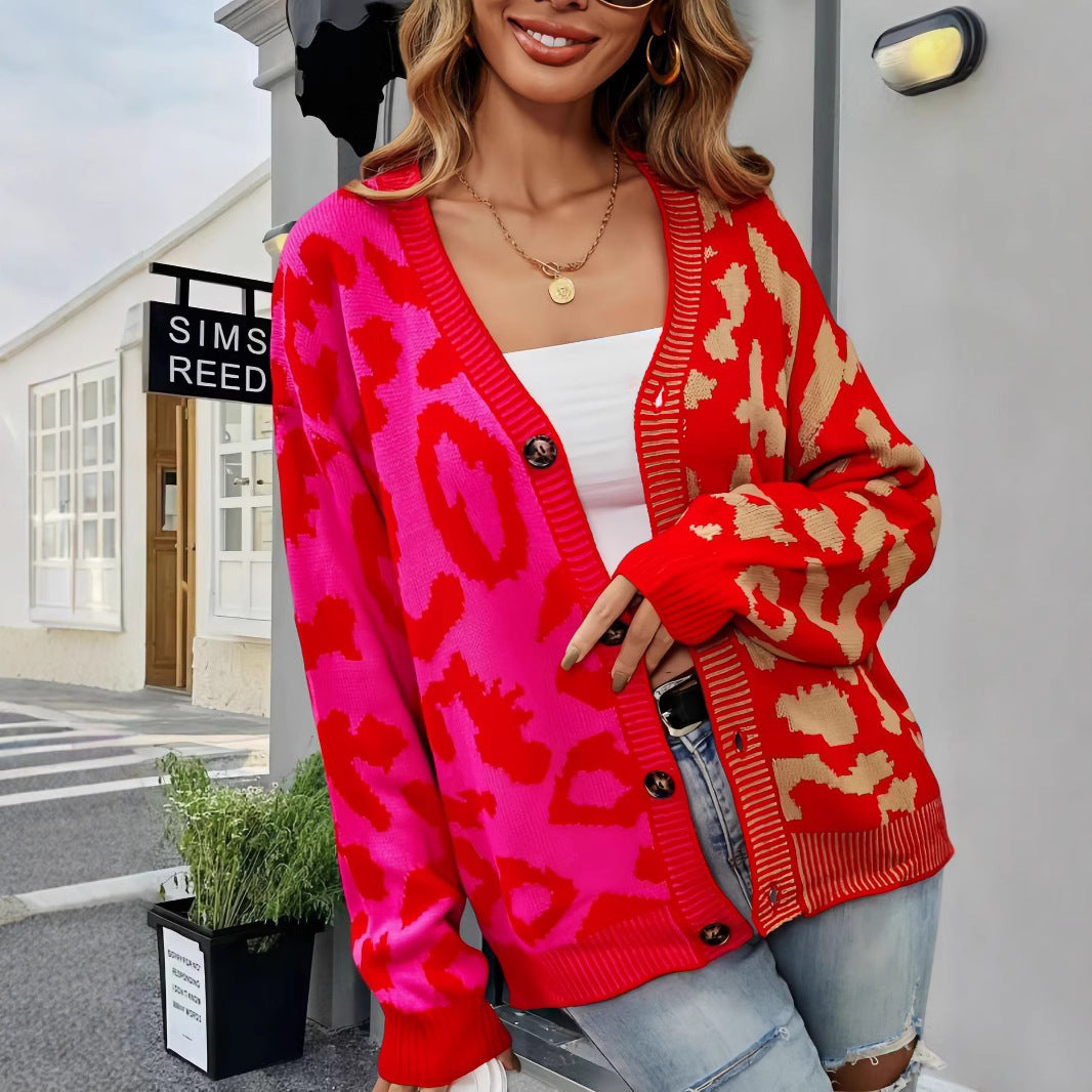 Damen Leichte Strickjacke mit farbenfrohem Leopardenmuster Drune