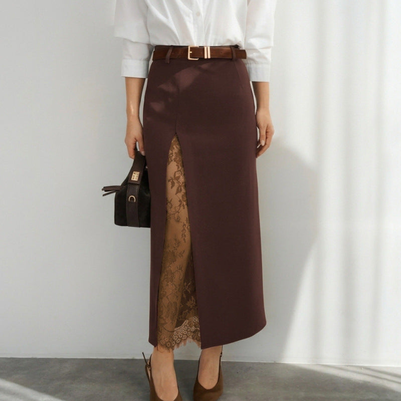 Damen Eleganter Maxirock mit transparentem Spitzeneinsatz und seitlichem Schlitz Drune