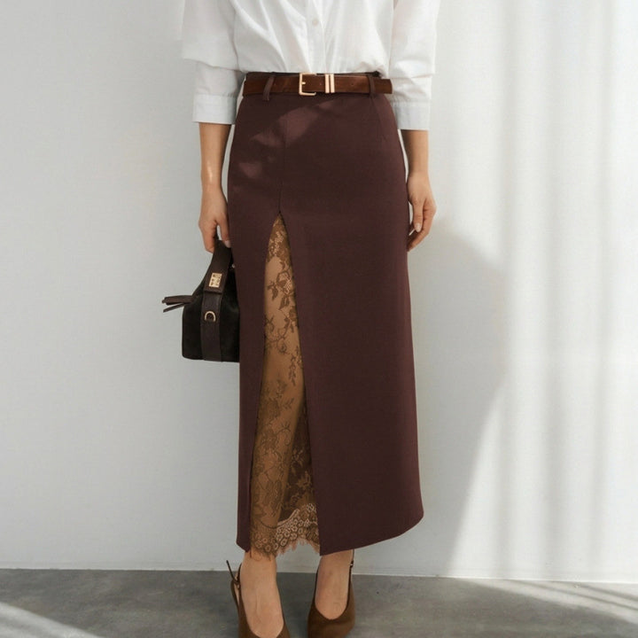 Damen Eleganter Maxirock mit transparentem Spitzeneinsatz und seitlichem Schlitz Drune