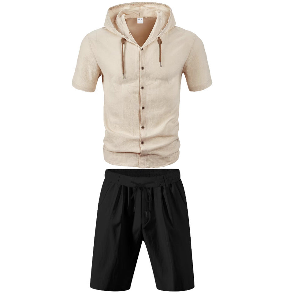 Herren nan leichtes Sommer-Kapuzenhemd in Leinenoptik mit durchgehender Knopfleiste und Kordelzug Drune