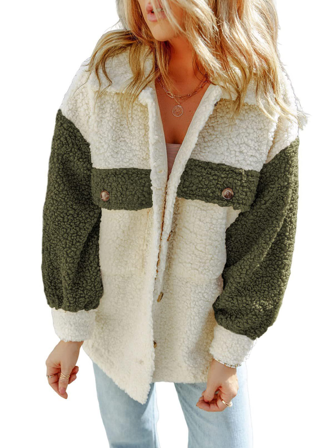 Damen nan oversized Teddy-Hemdjacke mit Kontraststreifen, aufgesetzten Brusttaschen und sichtbarer Knopfleiste Drune