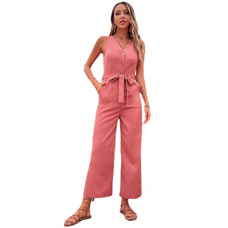 Damen bequemer Jumpsuit mit taillierbarem Gürtel und modischen Knopfdetails Drune