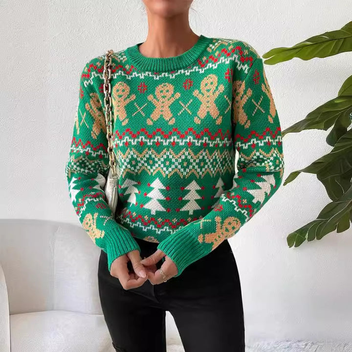 Damen festlicher Weihnachtspullover mit verspieltem Lebkuchenmotiv und klassischem Rundhalsausschnitt Drune