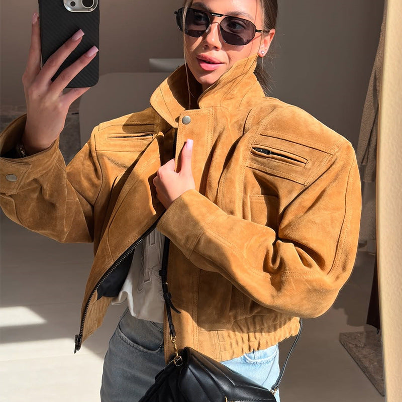 Damen Lässige Wildlederjacke mit abnehmbarer Kapuze Drune