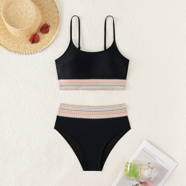 Damen Sportliches Bikini-Set mit hohem Bund und buntem Wellenmuster Drune
