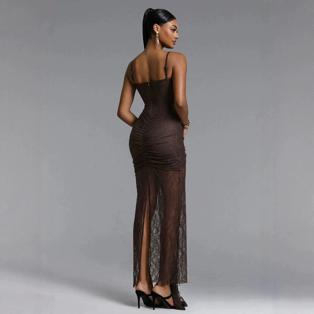 Damen Elegantes Spitzenmaxikleid mit raffinierter Drapierung Drune