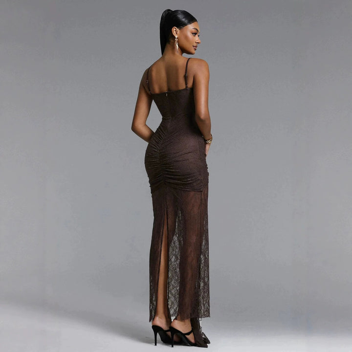 Damen Elegantes Spitzenmaxikleid mit raffinierter Drapierung Drune