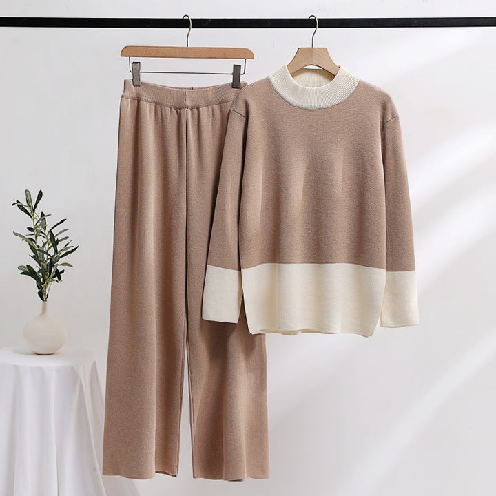 Damen elegantes Strick-Loungewear-Set mit weitem Bund und dekorativem Kragen Drune