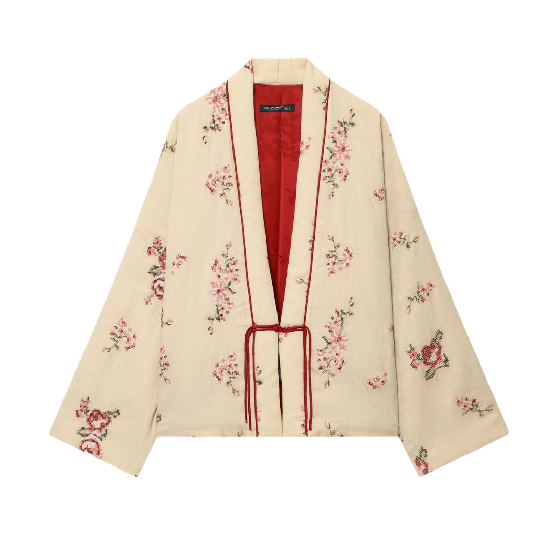 Damen Elegante kimono-inspirierte Jacke mit floraler Bestickung Drune