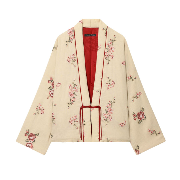 Damen Elegante kimono-inspirierte Jacke mit floraler Bestickung Drune