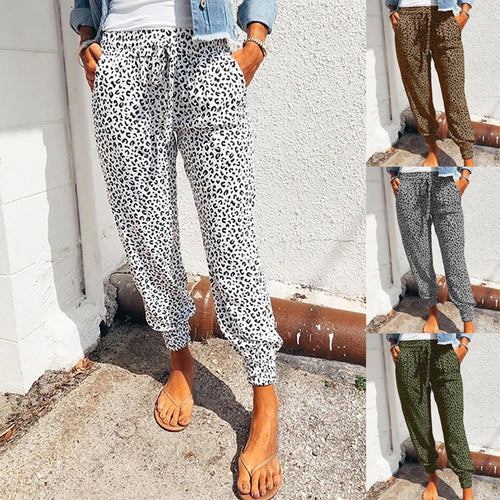 Damen nan lässige Leoparden-Print Jogginghose mit Tunnelzug, Eingrifftaschen und elastischen Bündchen Drune