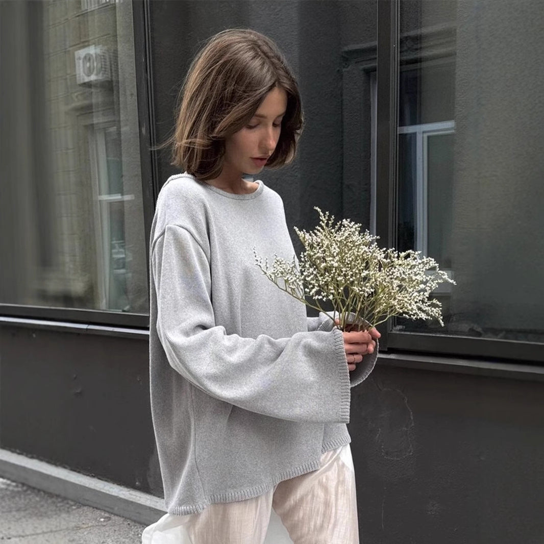 Damen Relaxed Fit Pullover mit tiefem Rundhalsausschnitt und weiten Ärmeln Drune