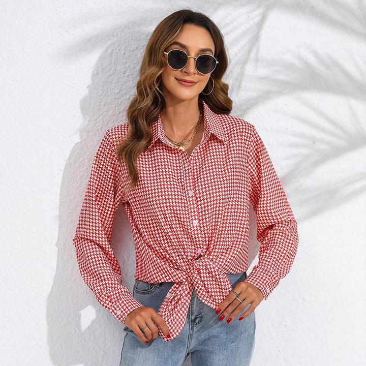 Damen nan geknotete Hahnentritt-Bluse mit Hemdkragen und durchgehender Knopfleiste Drune