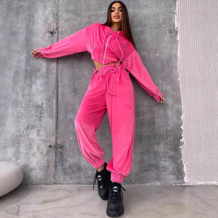 Damen Sportliches Velours-Cropped-Set mit Reißverschluss und Taillenschnitt Drune