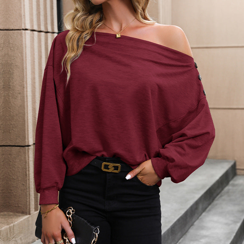 Damen lässiger One-Shoulder Pullover mit effektvollen Knopfdetails Drune