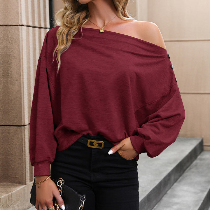 Damen lässiger One-Shoulder Pullover mit effektvollen Knopfdetails Drune