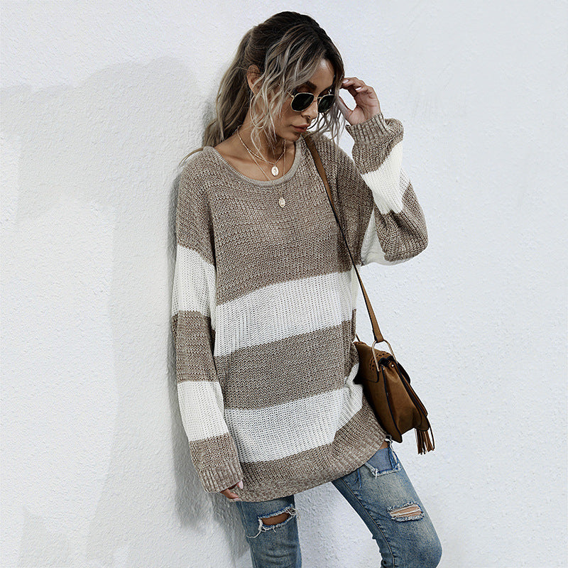 Damen lockerer Strickpullover mit breiten Streifen Drune