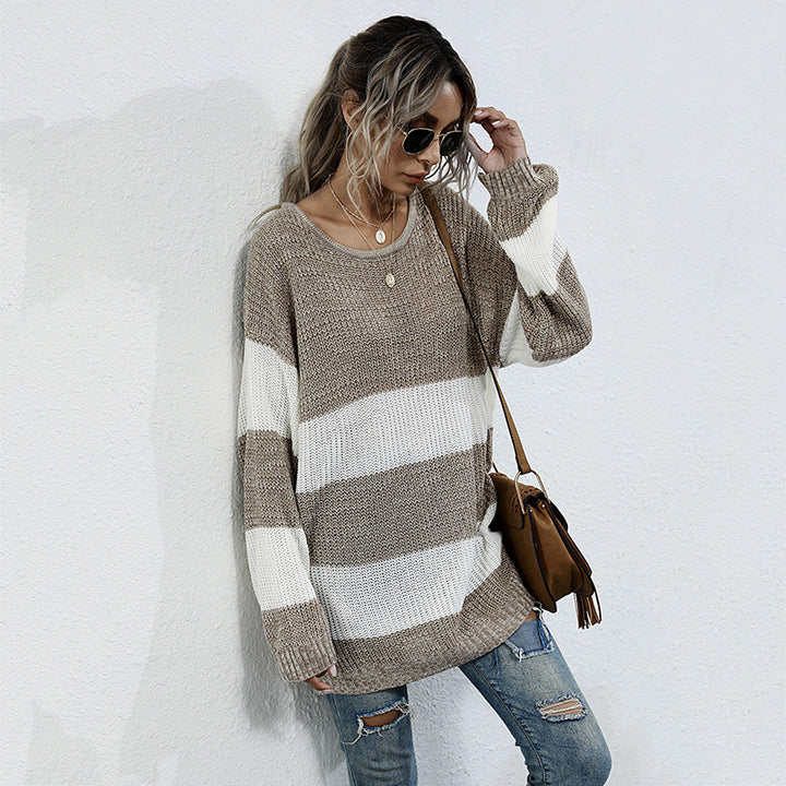 Damen lockerer Strickpullover mit breiten Streifen Drune