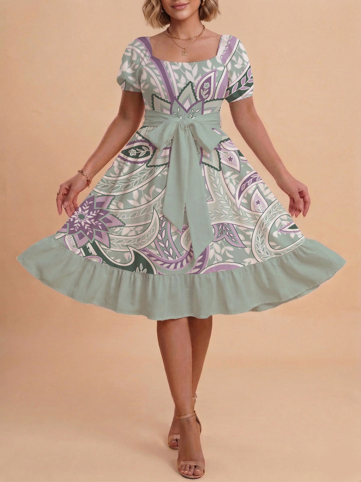 Damen modernes Blumenkleid mit elegantem Taillengürtel und asymmetrischem Saum Drune