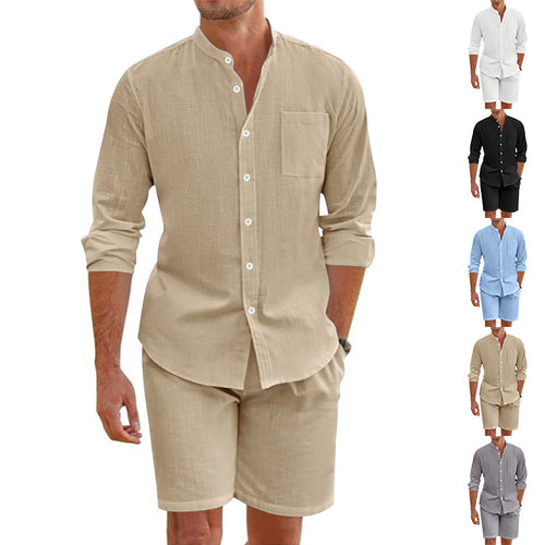 Herren lässiges Leinen-Set mit Knopfleiste und praktischen Taschen Drune