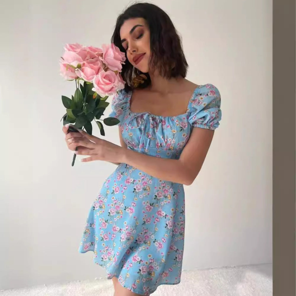 Damen Blütenmuster Mini-Kleid mit Puffärmeln Drune
