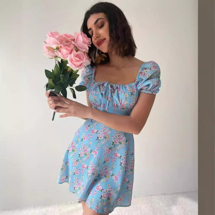 Damen Blütenmuster Mini-Kleid mit Puffärmeln Drune