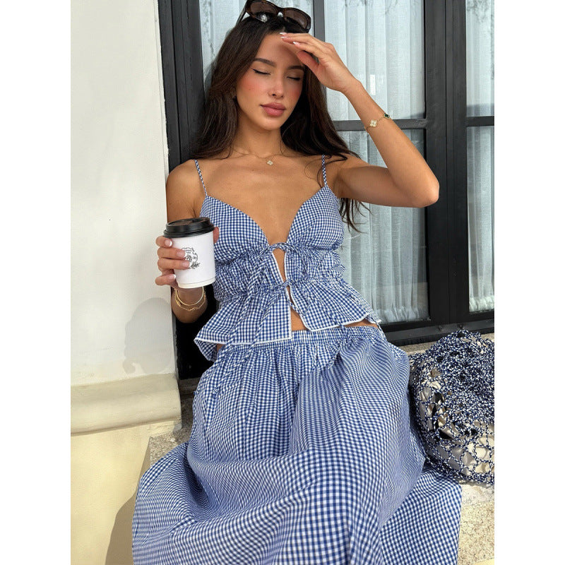 Damen Sommerliches Maxikleid mit V-Ausschnitt und Gingham-Muster Drune