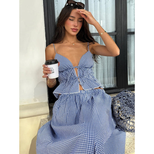 Damen Sommerliches Maxikleid mit V-Ausschnitt und Gingham-Muster Drune