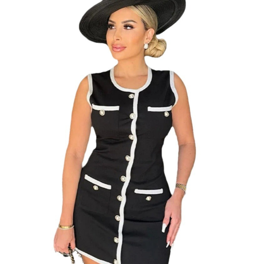 Damen Elegantes ärmelloses Kleid mit dekorativen Knöpfen und Kontrastdetails Drune