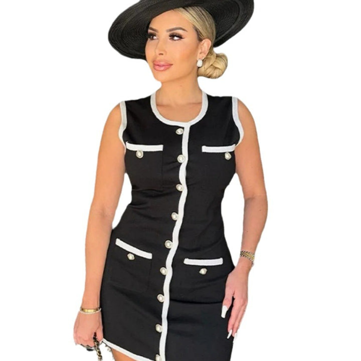 Damen Elegantes ärmelloses Kleid mit dekorativen Knöpfen und Kontrastdetails Drune
