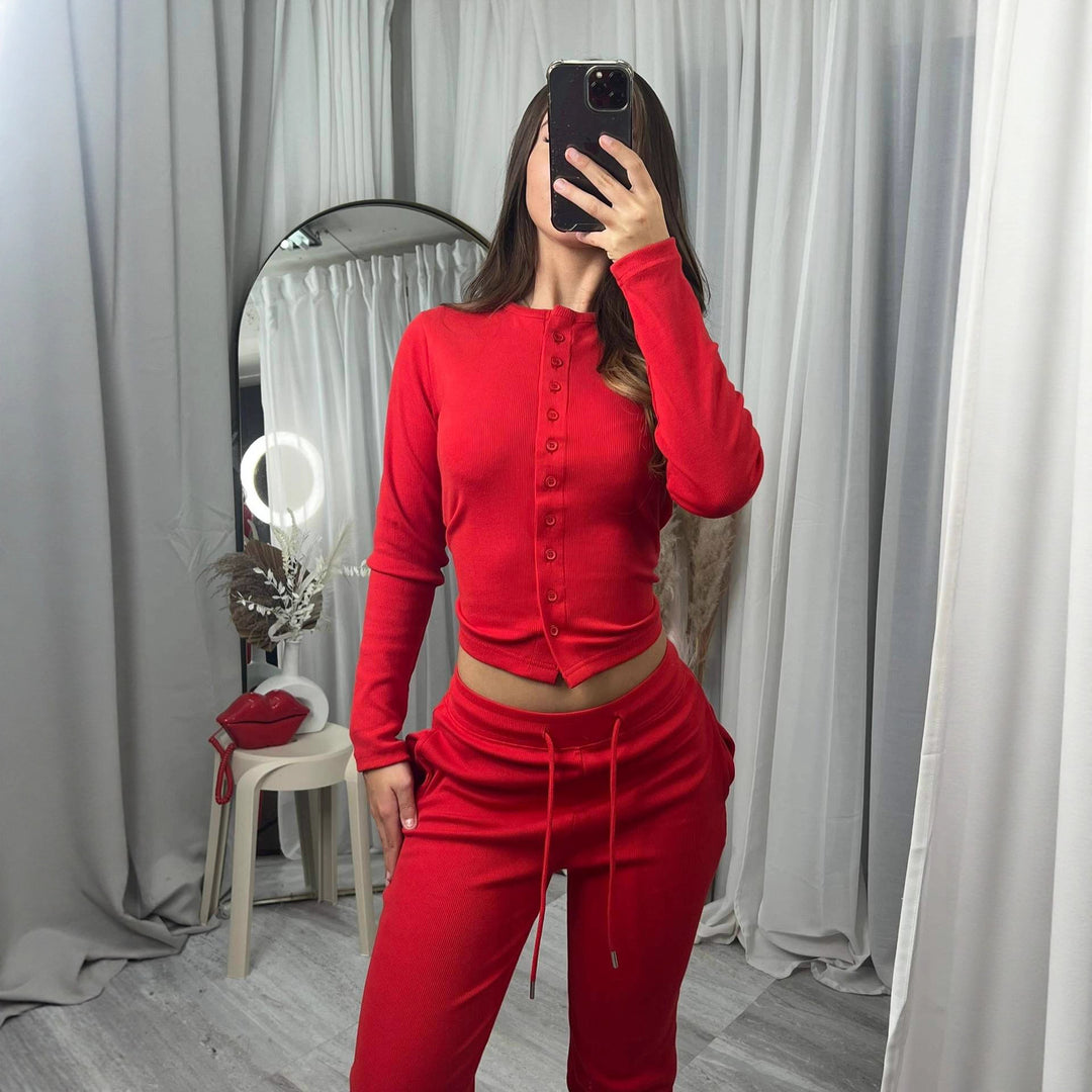 Damen kuscheliges Strick-Loungewear-Set mit Knopfleiste Drune