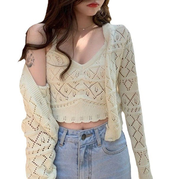 Damen Stricktop mit Luftpunkten und passendem Cardigan Drune