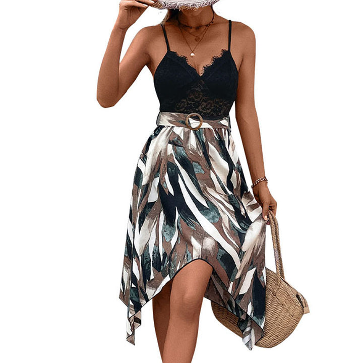 Damen asymmetrisches Strandkleid mit Spitzenoberteil und Taillengürtel Drune