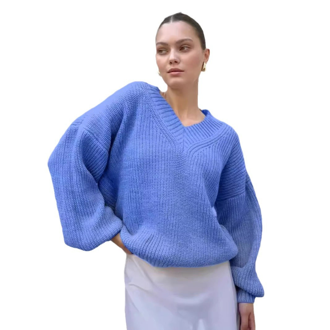 Damen V-Ausschnitt Strickpullover mit voluminösen Ärmeln und strukturierter Oberfläche Drune