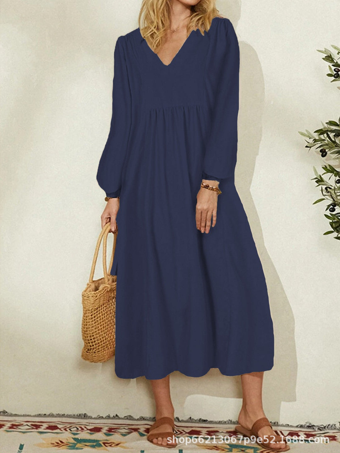 Damen leichtes Maxikleid mit V-Ausschnitt und ballonähnlichen Ärmeln Drune