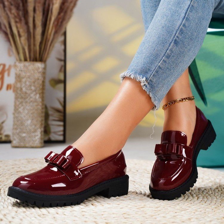 Damen nan elegante Lack-Plateau-Loafer mit dekorativer Schleife und profilierter Gummisohle Drune