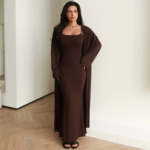 Damen Langärmliges Maxikleid mit offenem Cardigan Drune
