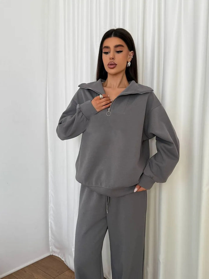 Damen eleganter Fleece-Sportanzug mit hochgeschlossenem Kragen und praktischem Reißverschluss Drune