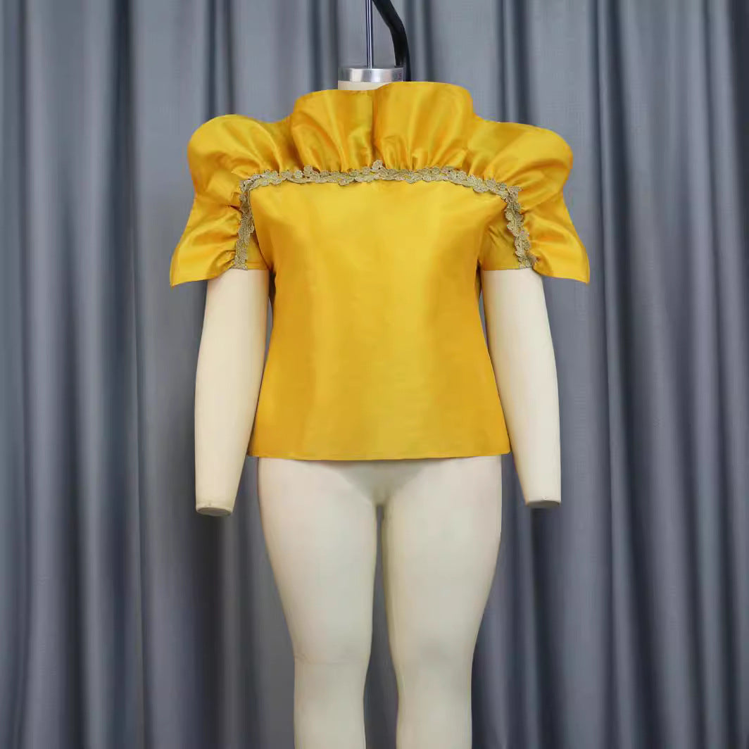 Damen elegantes Blusenshirt mit voluminösen Puffärmeln und dekorativem Spitzenrand Drune