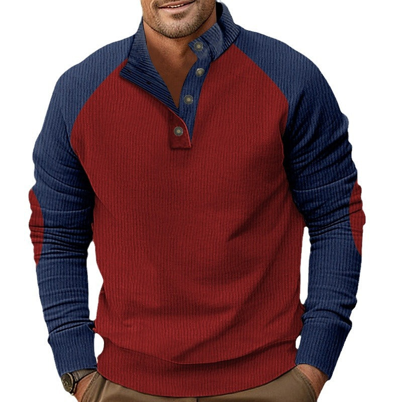 Herren nan rustikaler Raglan-Strickpullover mit Kurzknopfleiste und Veloursbesatz Drune