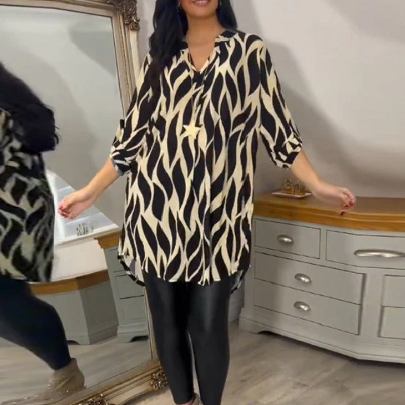 Damen Blusenkleid mit modernem Grafikdesign und asymmetrischem Saum Drune