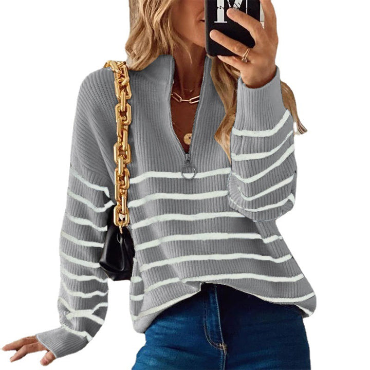 Damen gemütlicher Strickpullover mit Reißverschluss und Streifenmuster Drune