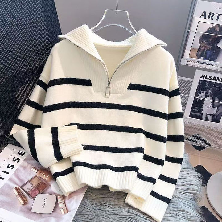 Damen lässiger Strickpullover mit hohem Kragen und Reißverschluss Drune