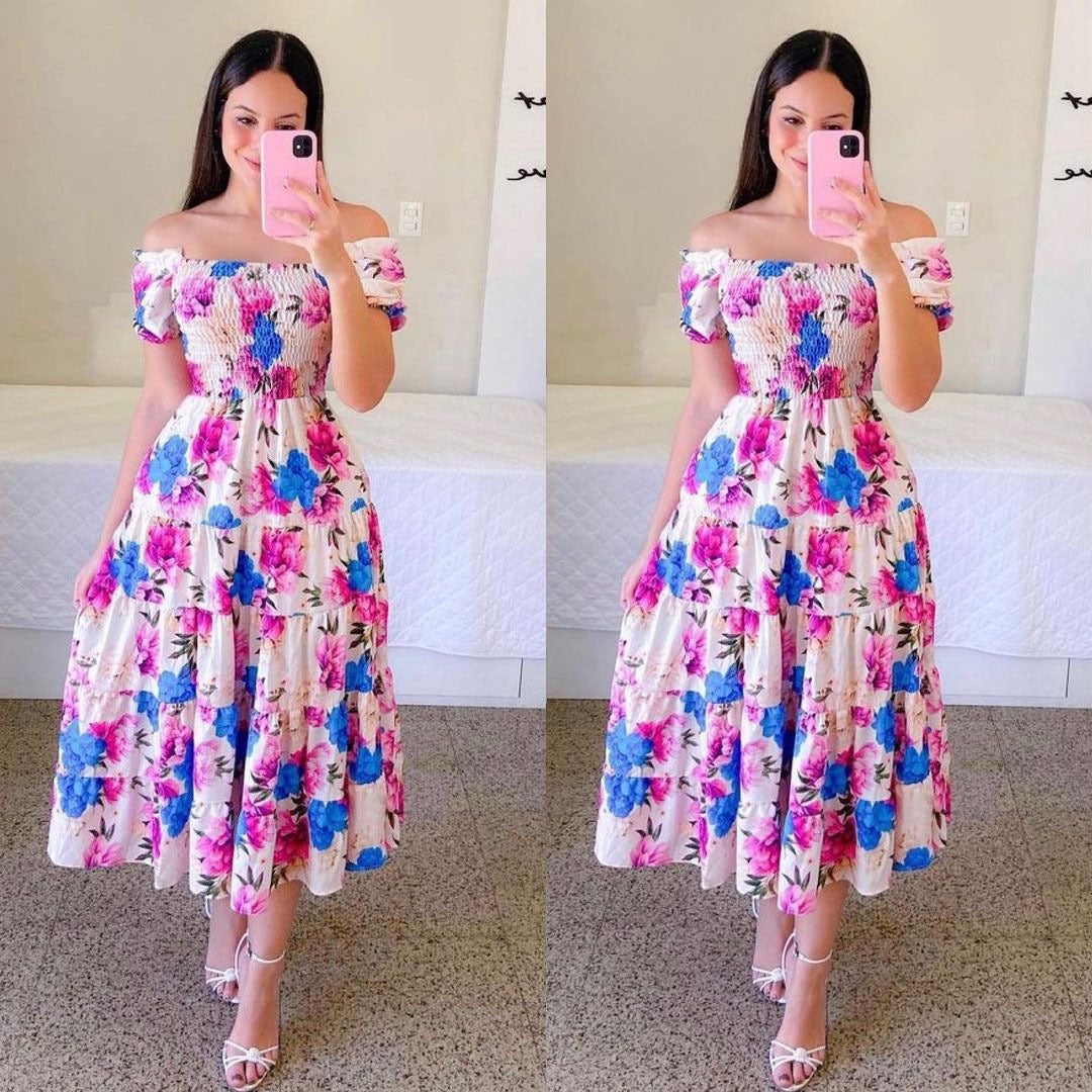 Damen Midi-Kleid mit schulterfreiem Design und verspieltem Schmetterlingsmuster Drune