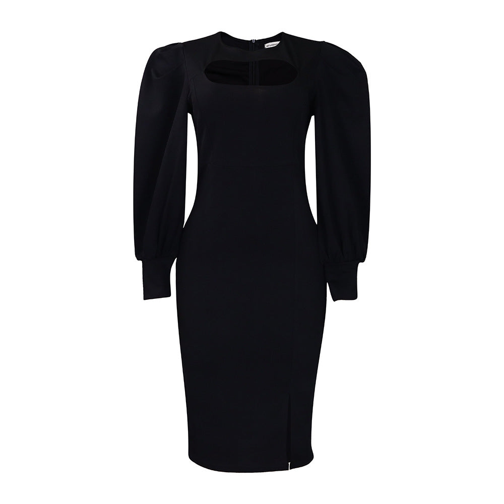 Damen Midi-Kleid mit raffiniertem Ausschnitt und voluminösen Puffärmeln Drune