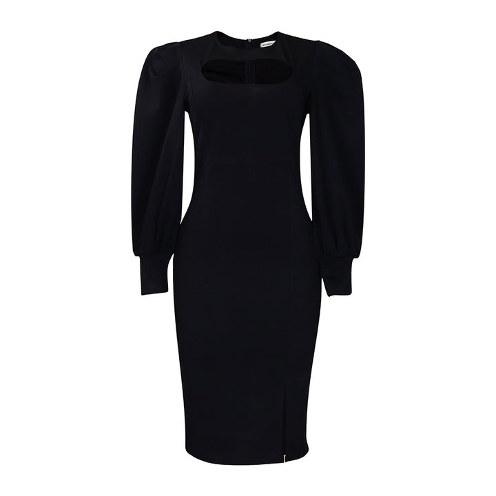 Damen Midi-Kleid mit raffiniertem Ausschnitt und voluminösen Puffärmeln Drune