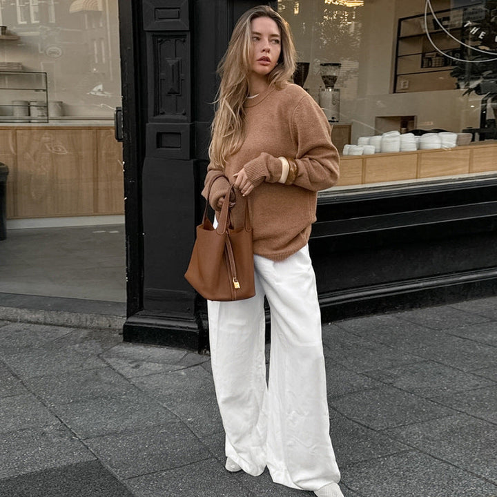 Damen Weit Geschnittene Leinenhose mit Elastischem Bund und Hohem Taillenbund Drune
