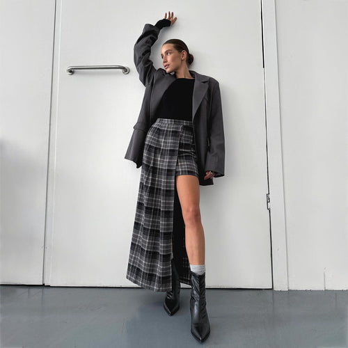 Damen Blazer-Rock-Kombination mit asymmetrischem Schnitt und grafischem Karomuster Drune