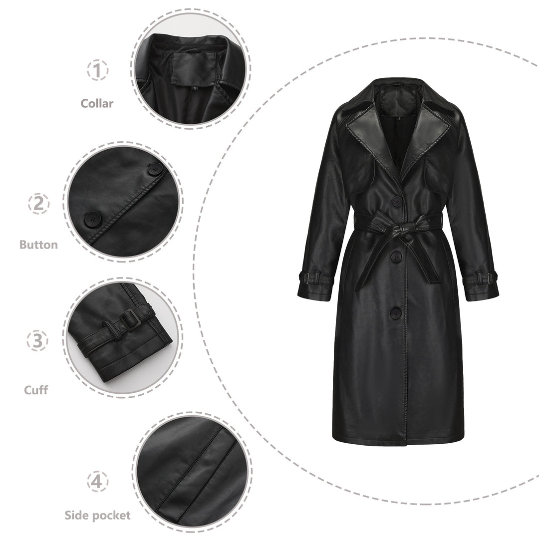 Damen modischer Trenchcoat aus hochwertigem Kunstleder Drune